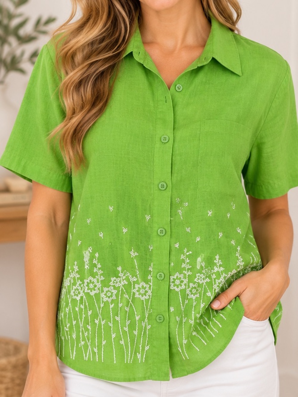 Linen Button-Front Embroidered Shirt - Green